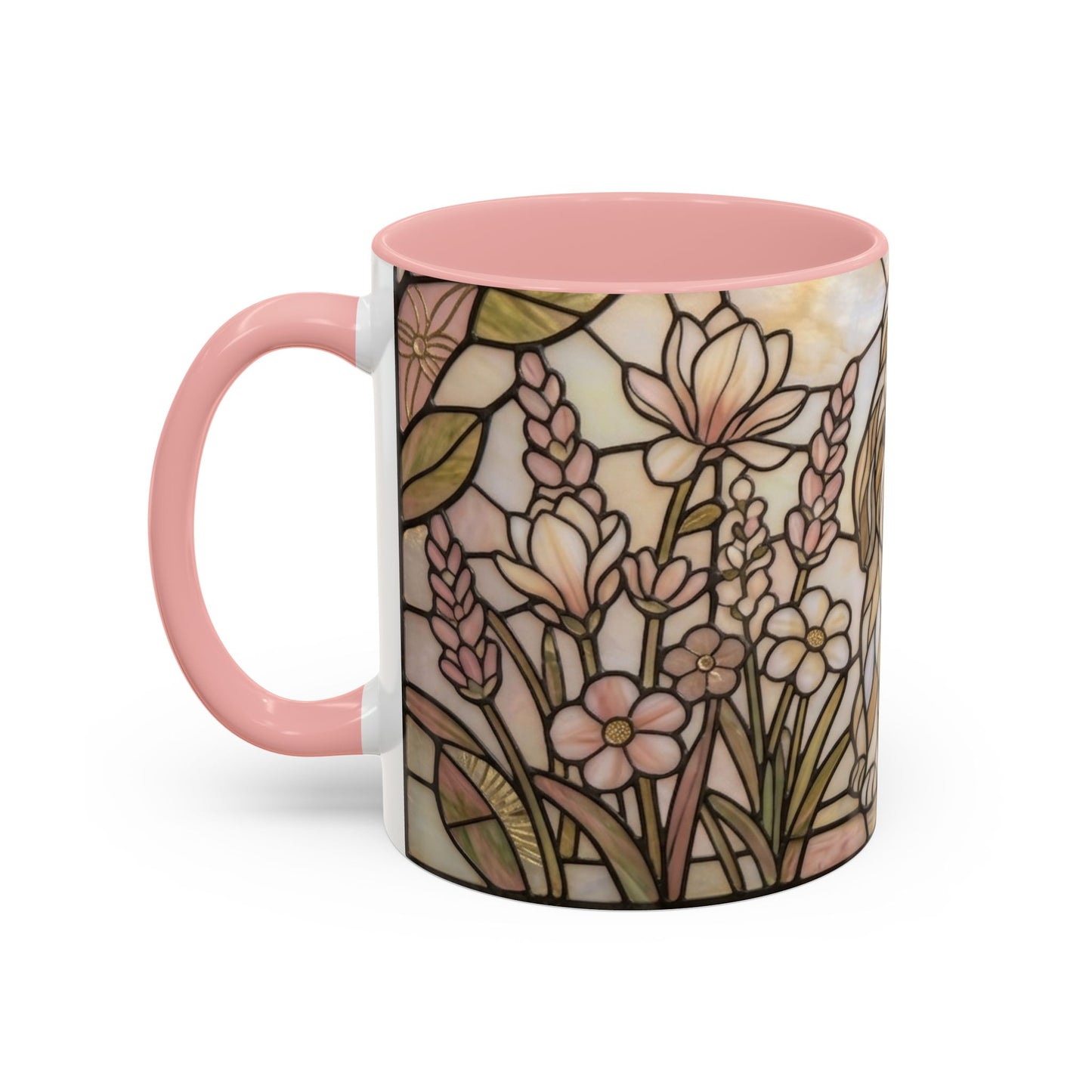 Mug with floral stained glass design and pink handle on a white background