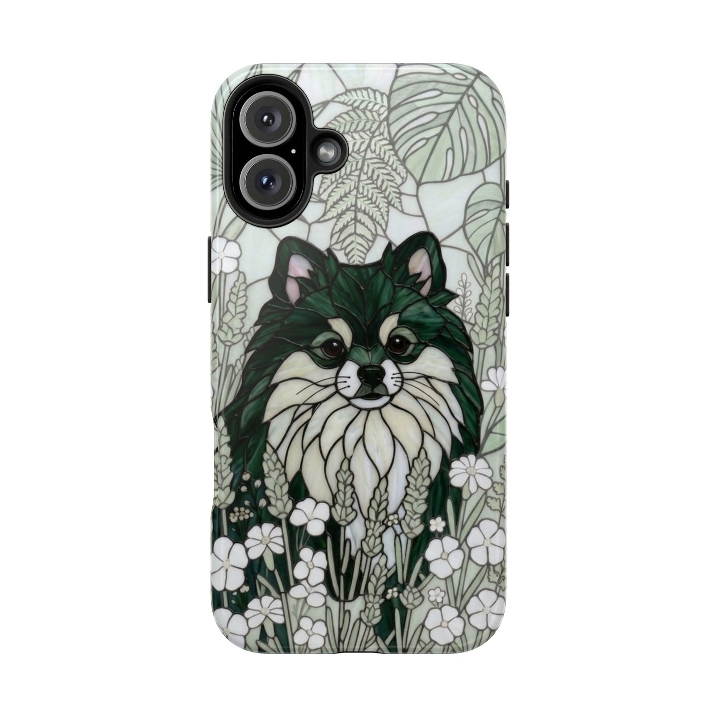 Pomeranian Stained Glass Style Tough Case — Botanical Green Theme