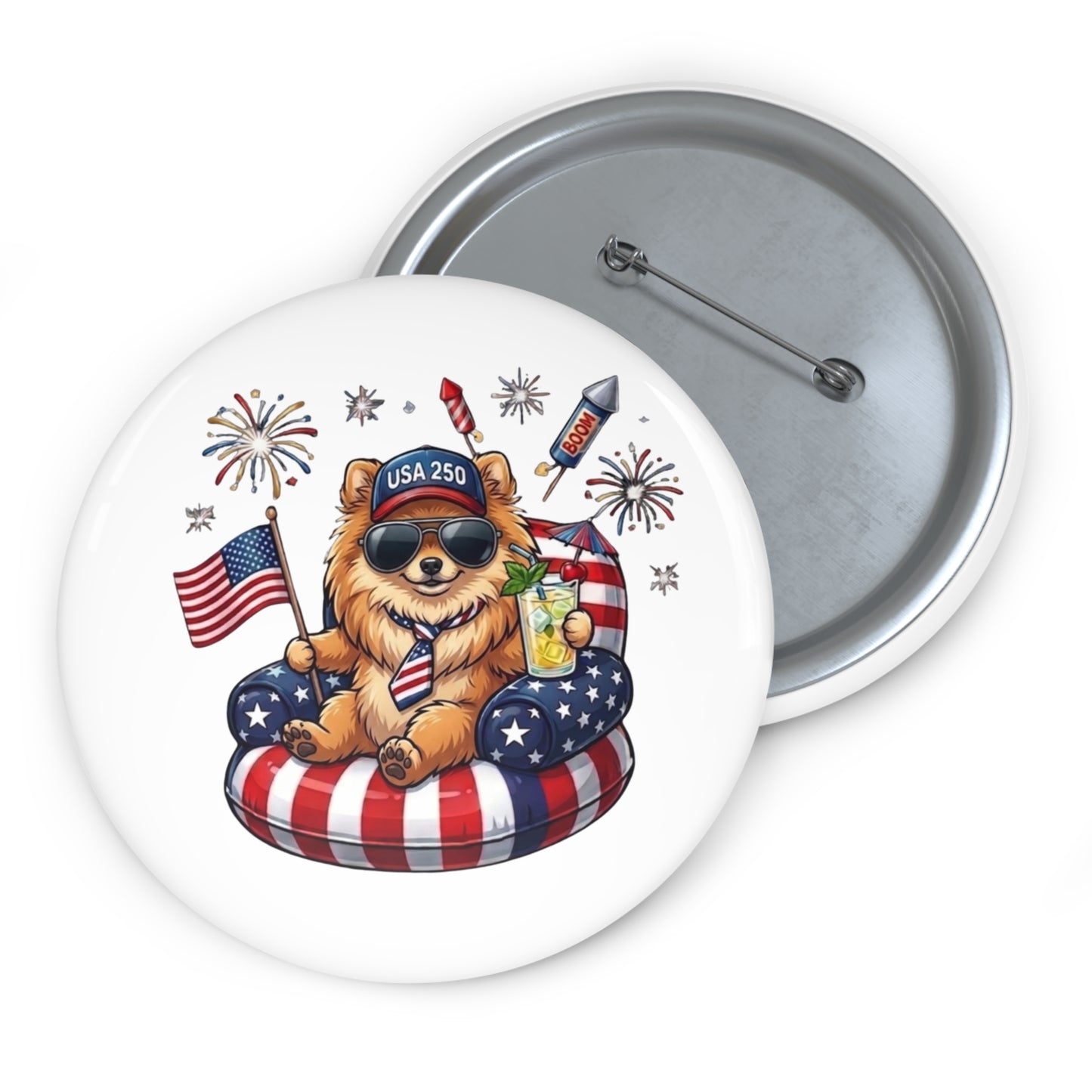 Button badge with a bear wearing sunglasses, an American flag hat, and holding a drink, surrounded by fireworks and USA 250 text.
