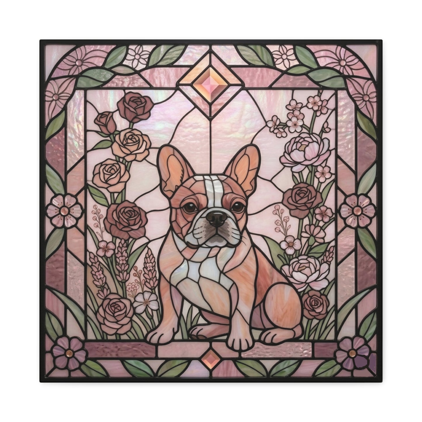 Stained glass-style artwork of a dog surrounded by flowers