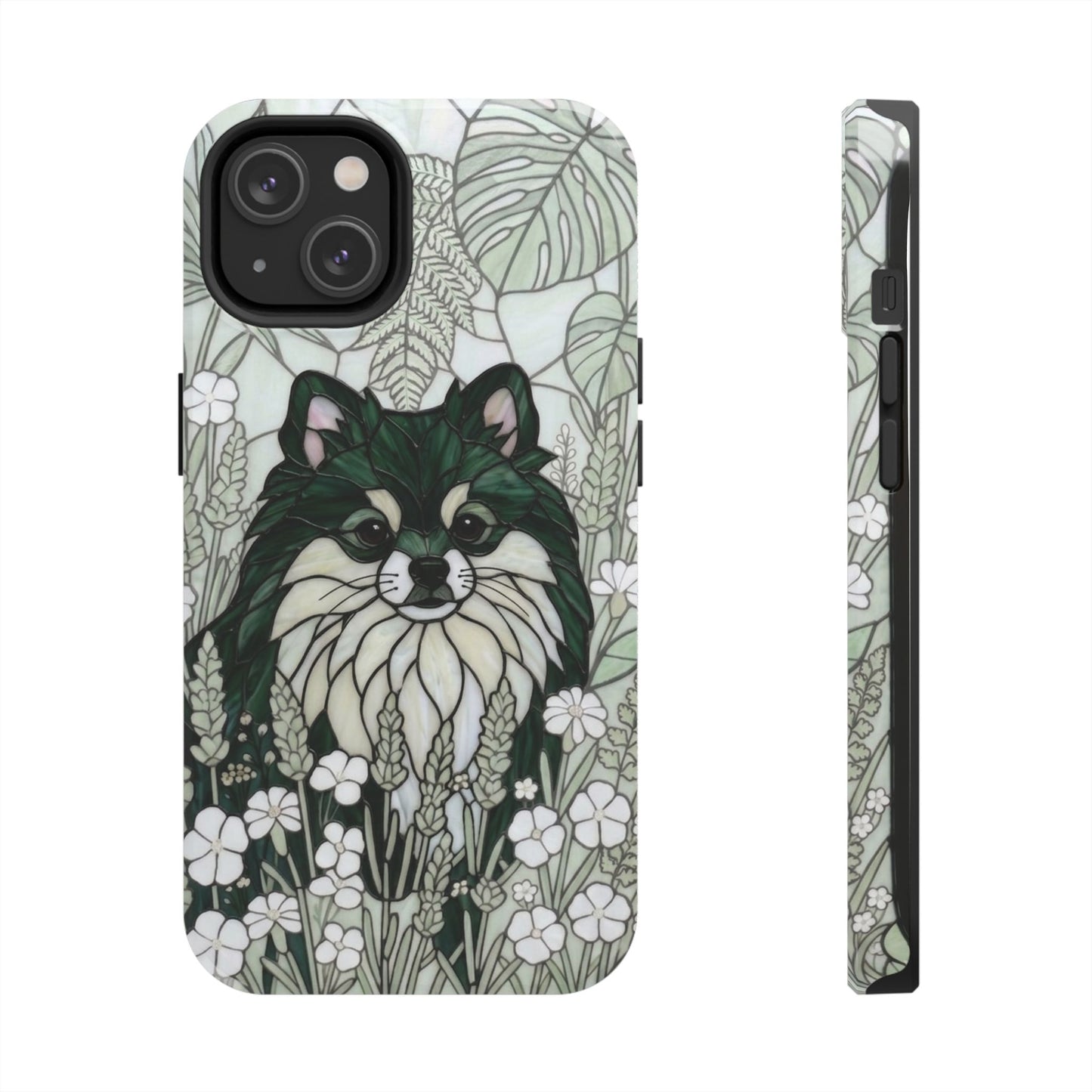 Pomeranian Stained Glass Style Tough Case — Botanical Green Theme