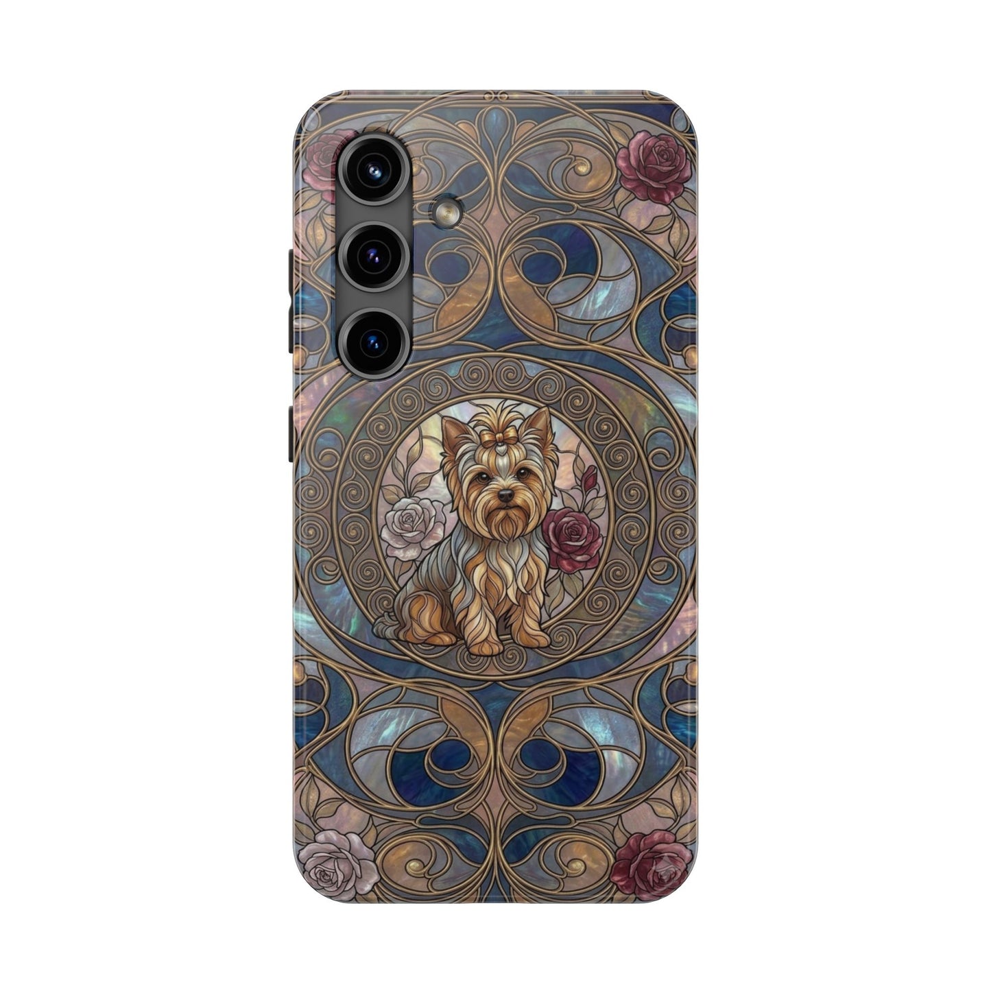 Yorkie Stained Glass Style Midnight Rose Tough Phone Case