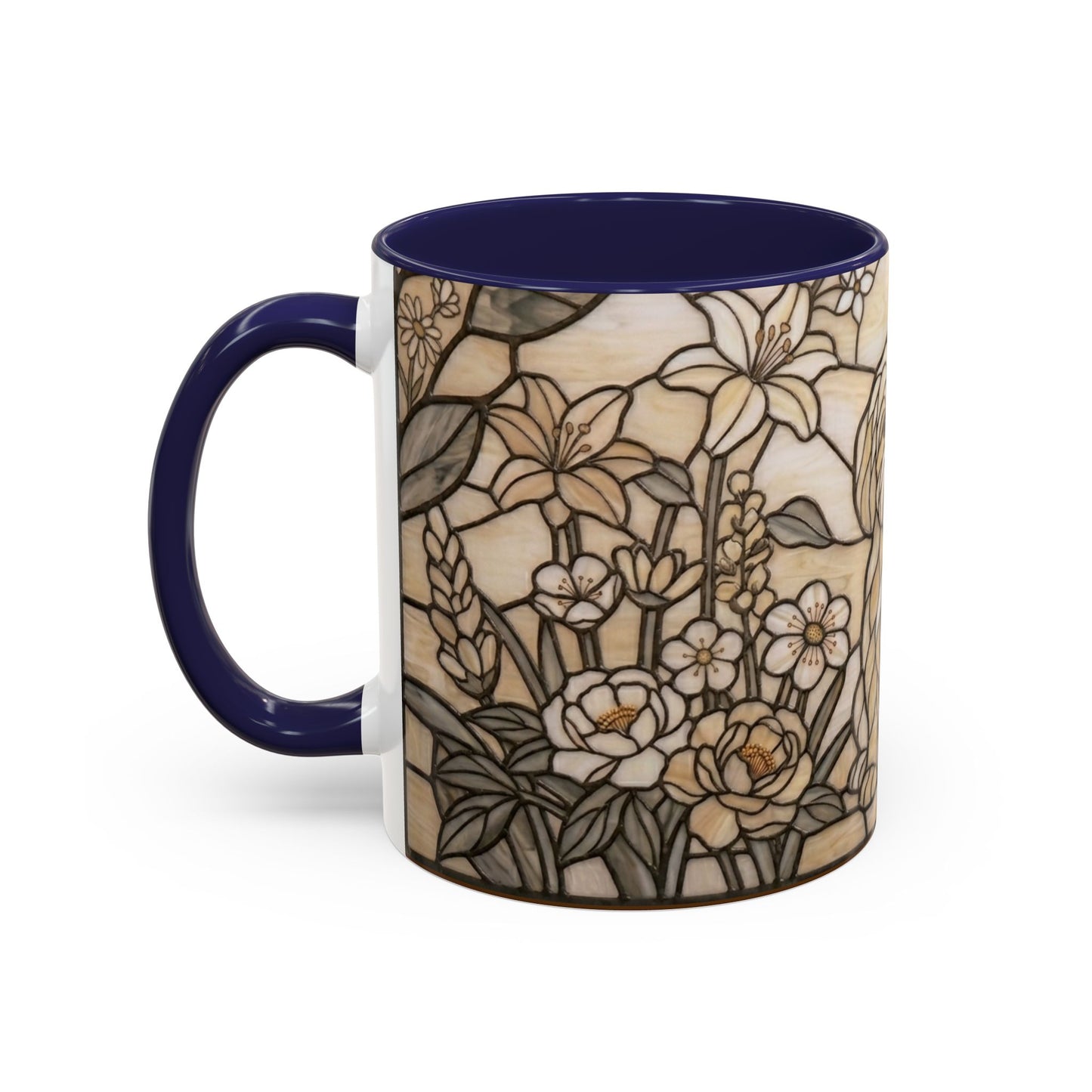 Mug with floral design and blue handle on a white background