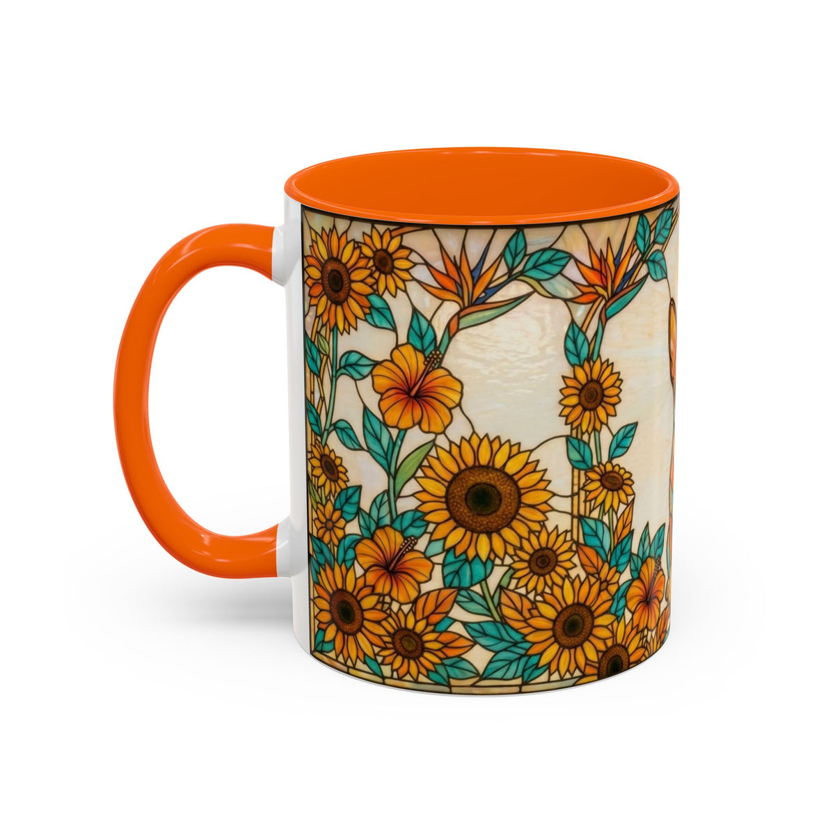 A ceramic mug with a bright orange handle and interior, featuring a vintage-style floral print of sunflowers and tropical flowers on an off-white background.