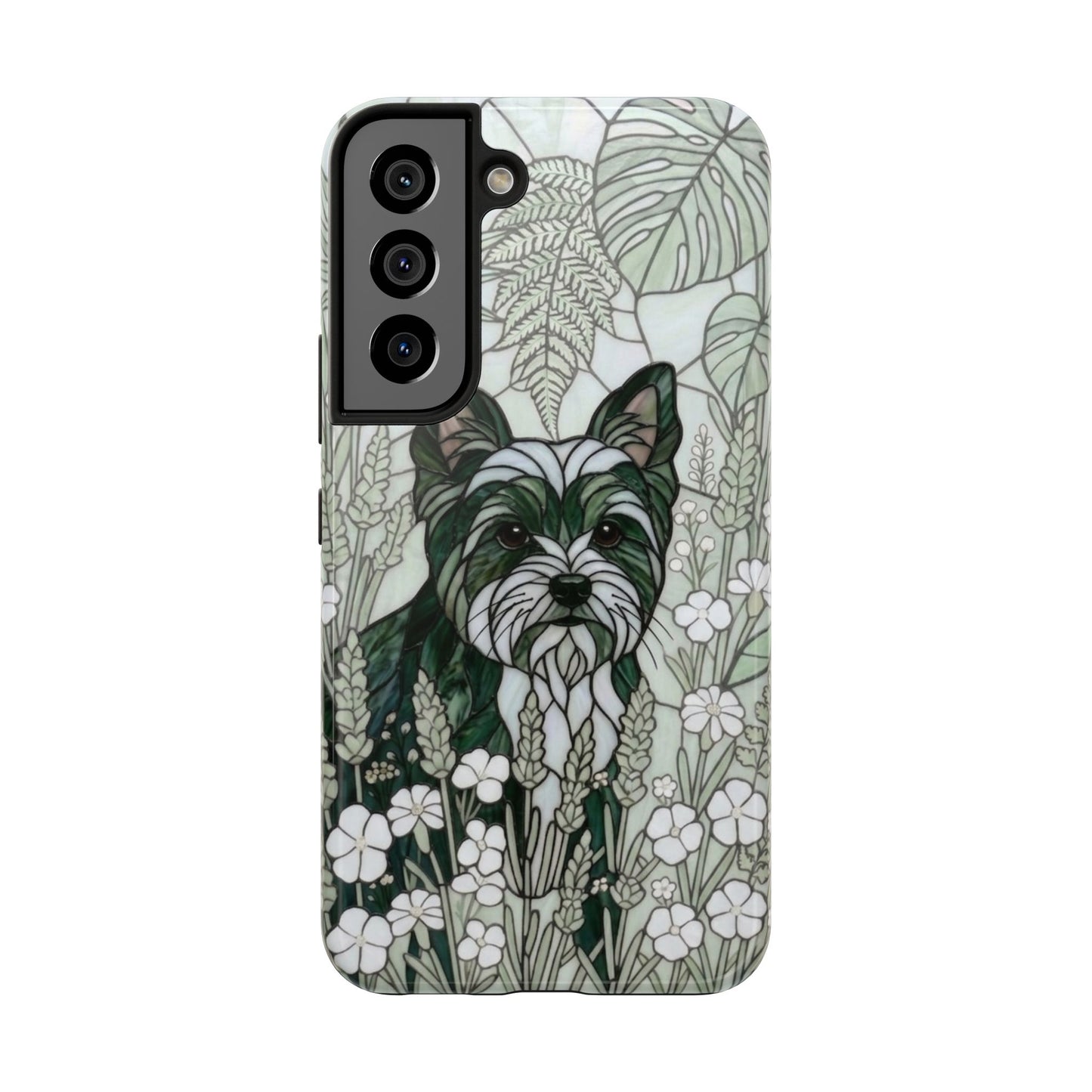 Yorkie Stained Glass Style Tough Case — Botanical Green Theme