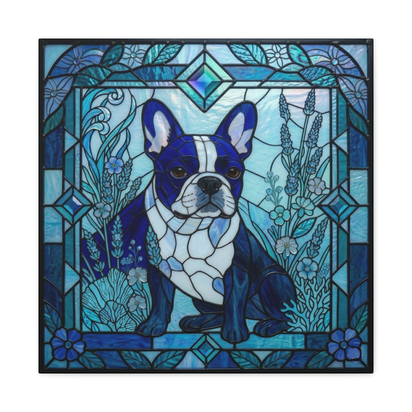 Stained glass artwork of a blue and white dog surrounded by floral patterns