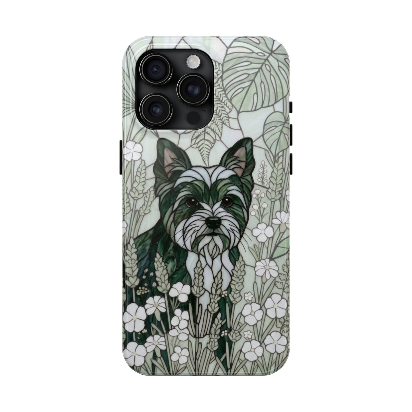 Yorkie Stained Glass Style Tough Case — Botanical Green Theme