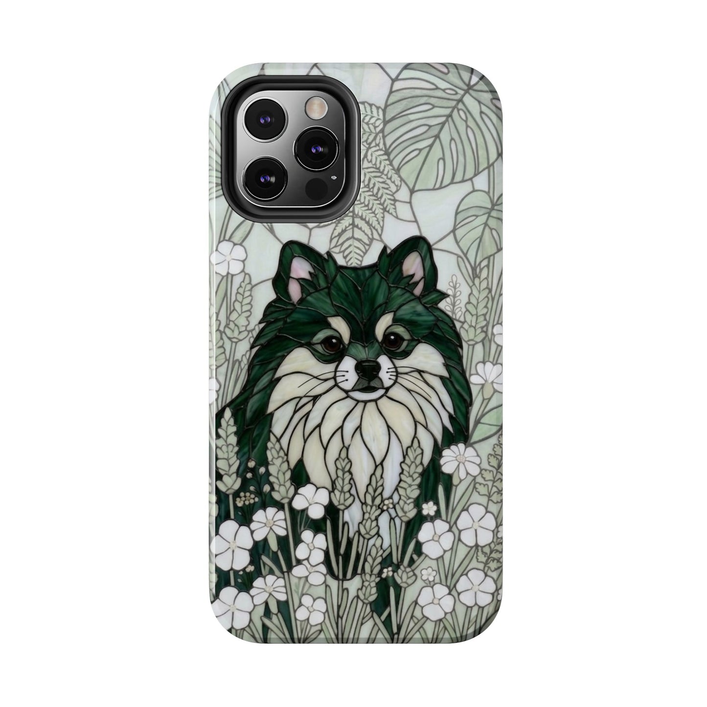 Pomeranian Stained Glass Style Tough Case — Botanical Green Theme