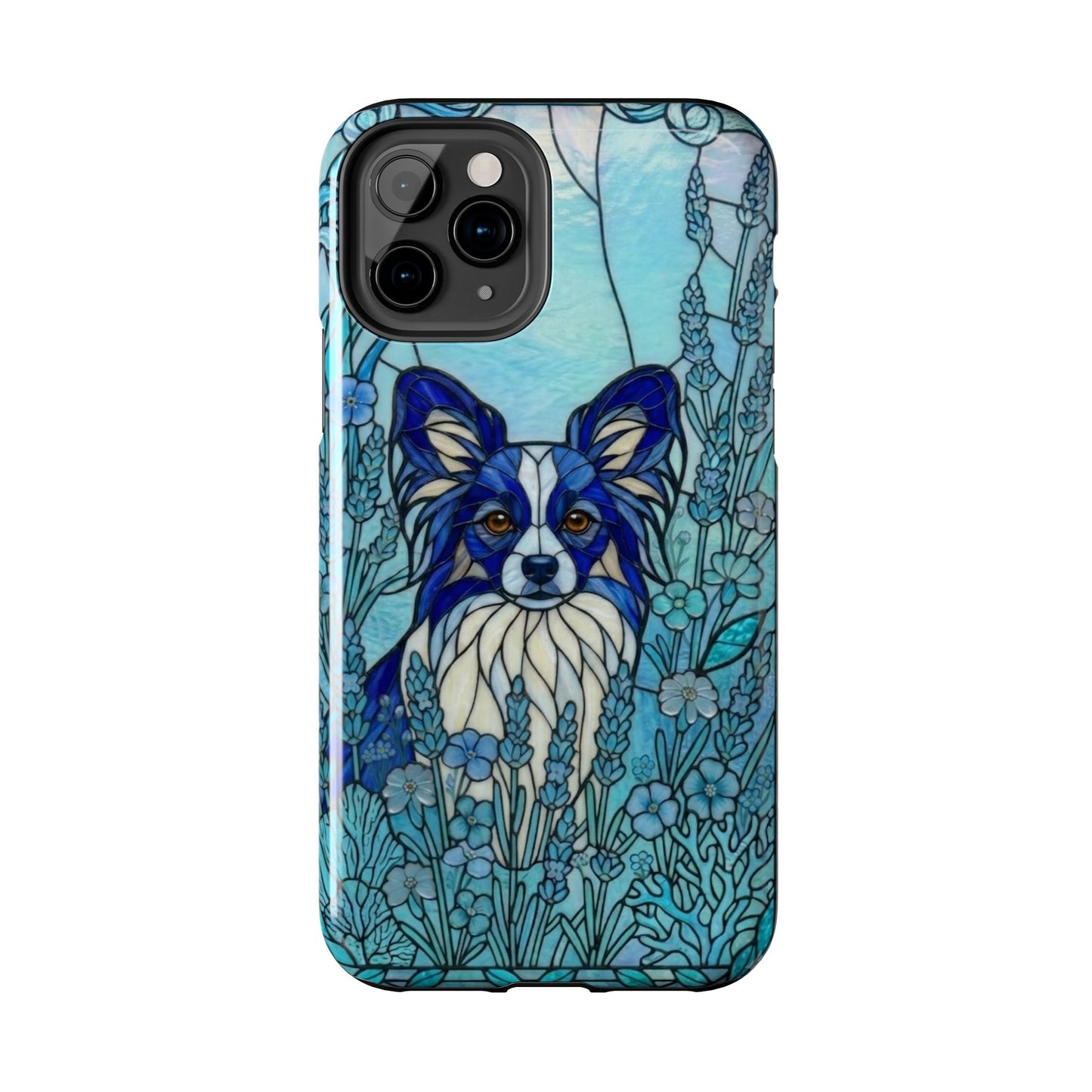 Phone case with a blue and white dog illustration in a floral design on a white background