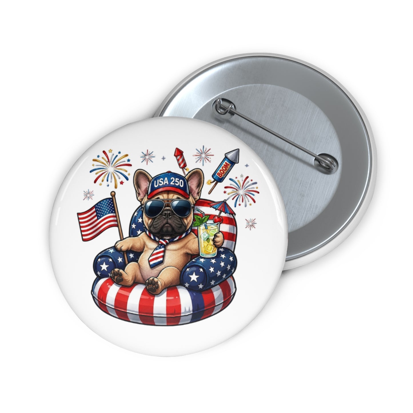 Button badge with a dog wearing sunglasses, an American flag, and fireworks on a white background