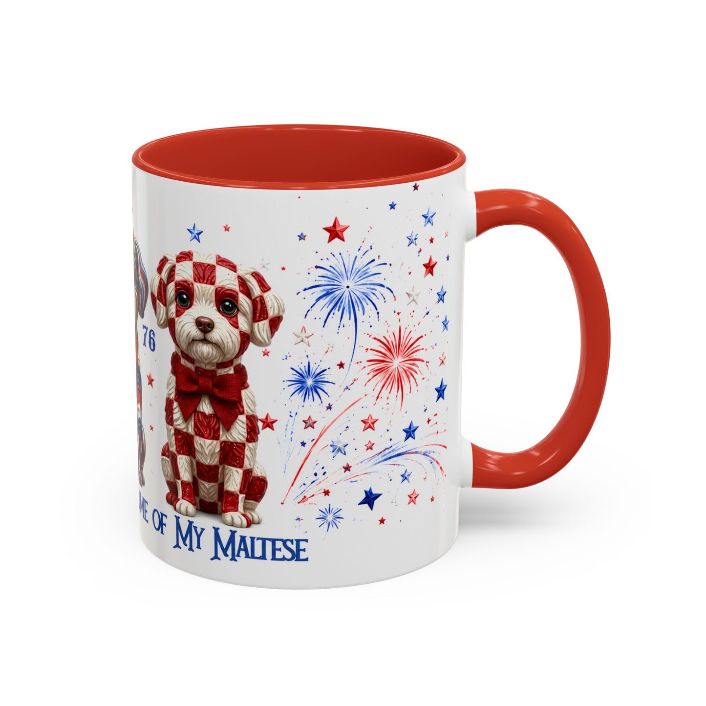 Mug with a Maltese dog design, red interior, and red handle on a white background
