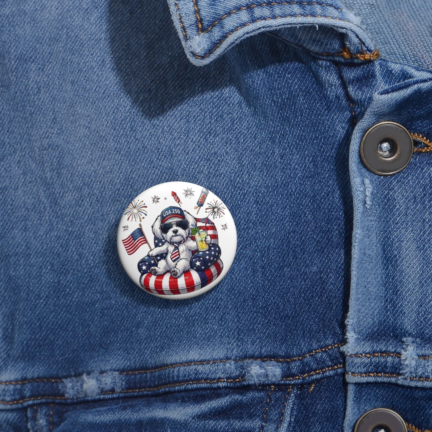 Button with a patriotic design on a blue denim jacket