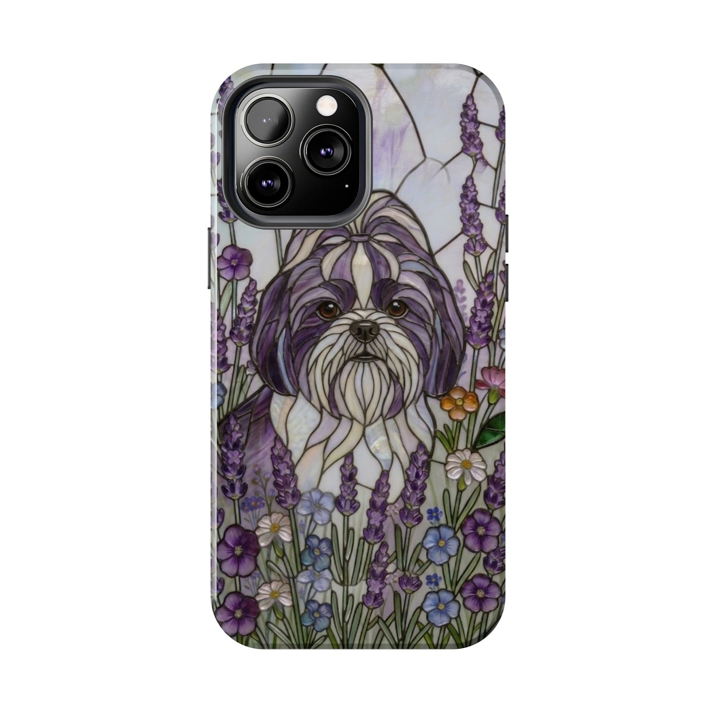 Shih Tzu Stained Glass Style Tough Case — Lavender Floral Theme