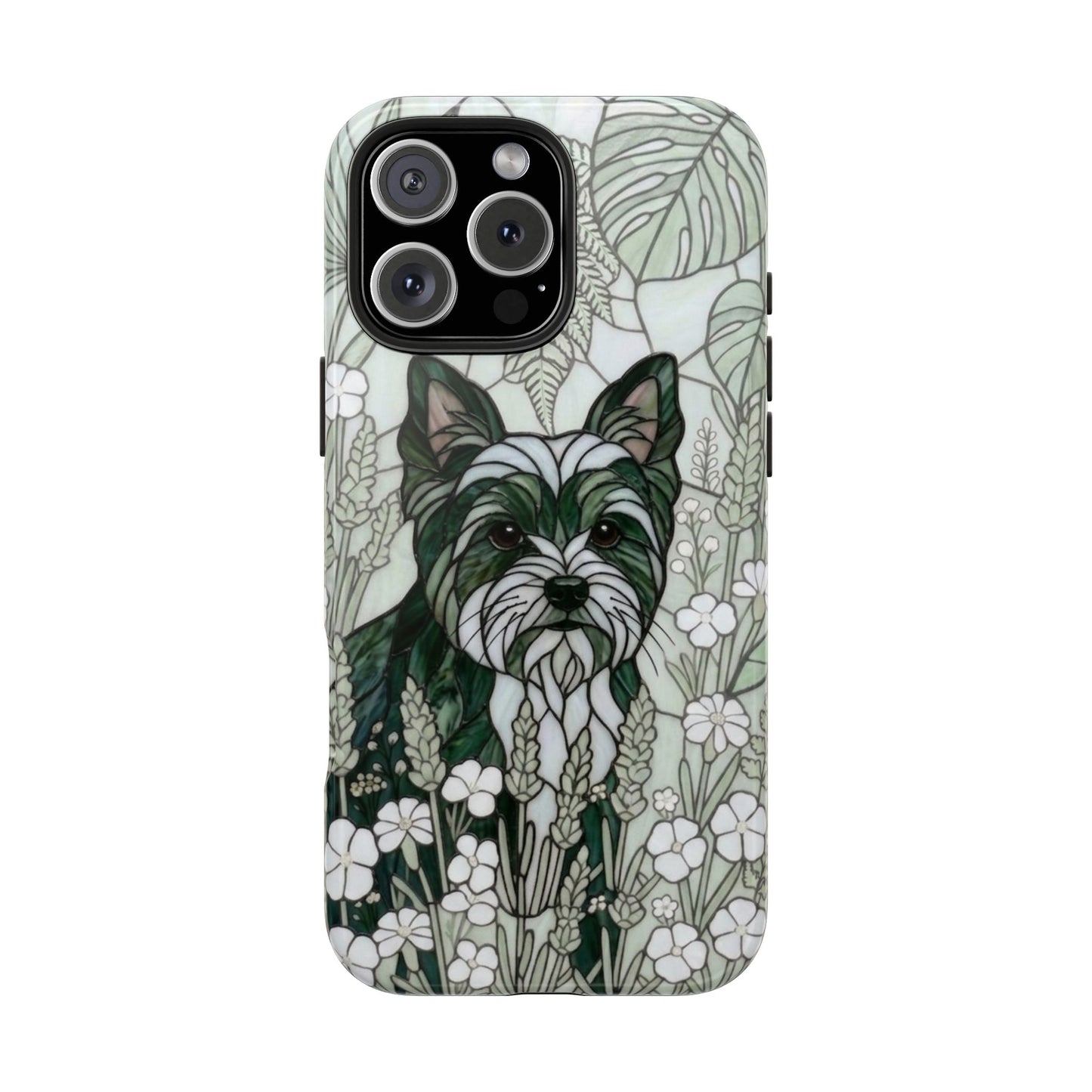 Yorkie Stained Glass Style Tough Case — Botanical Green Theme