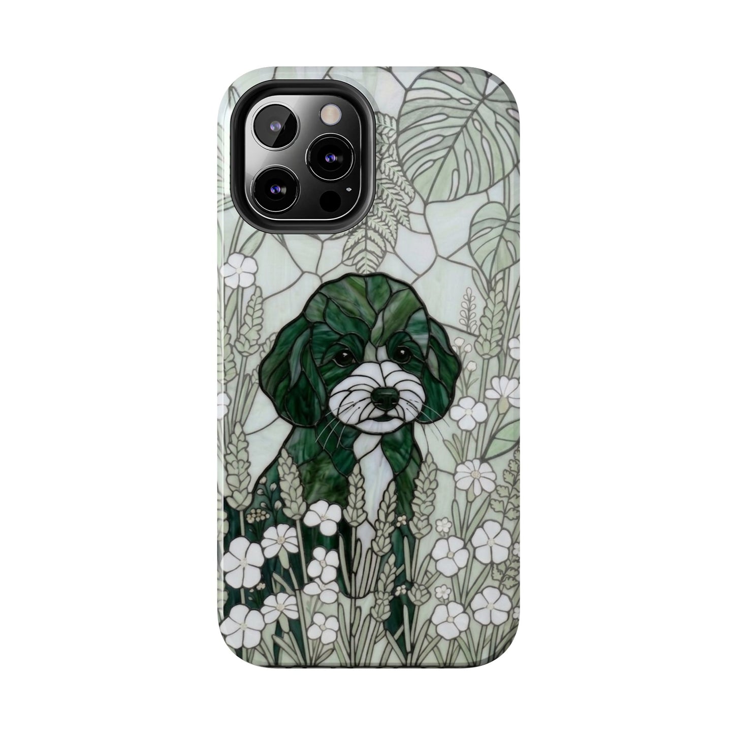 Toy Poodle Stained Glass Style Tough Case — Botanical Green Theme
