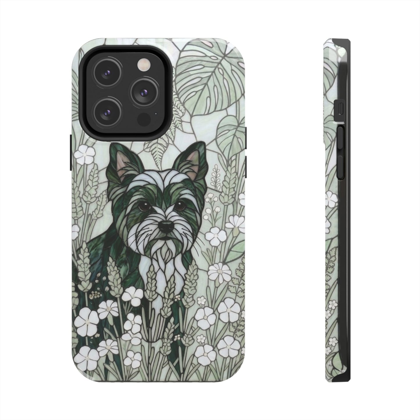 Yorkie Stained Glass Style Tough Case — Botanical Green Theme