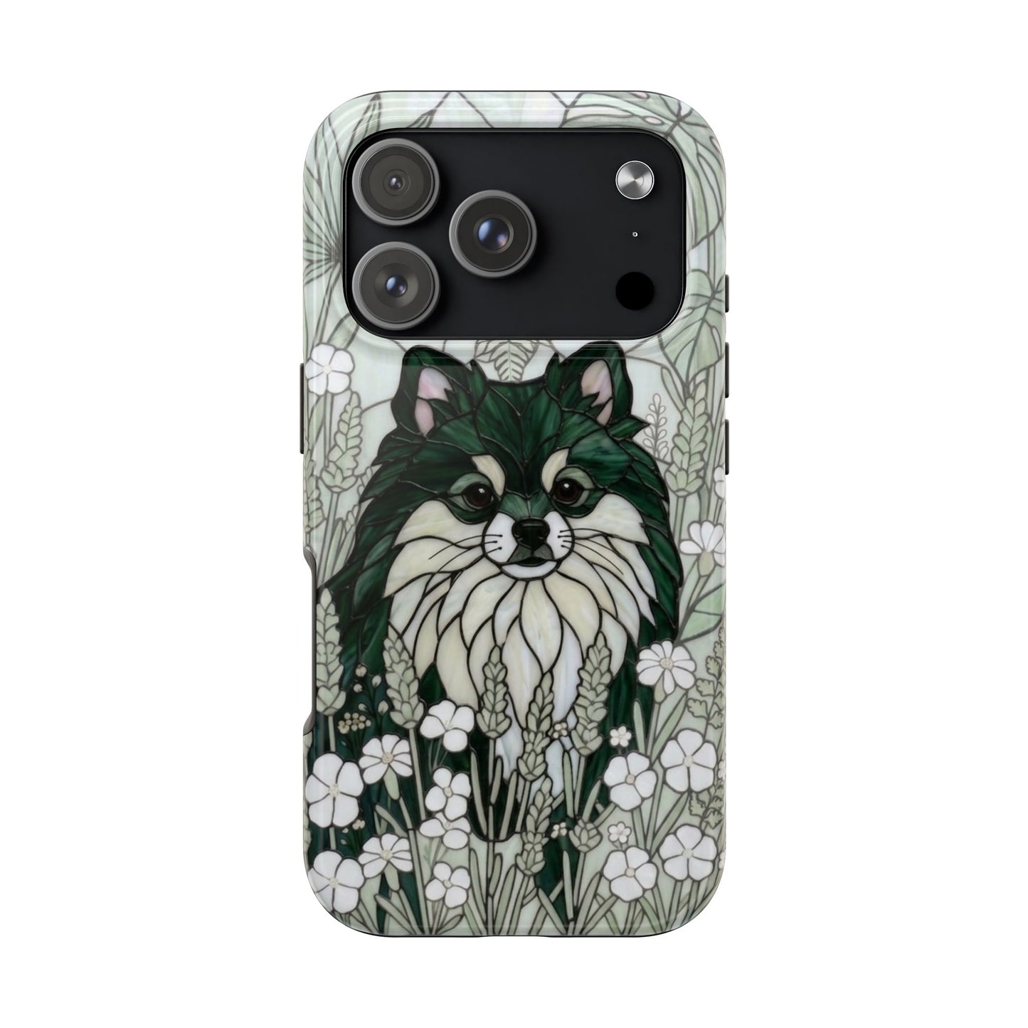 Pomeranian Stained Glass Style Tough Case — Botanical Green Theme