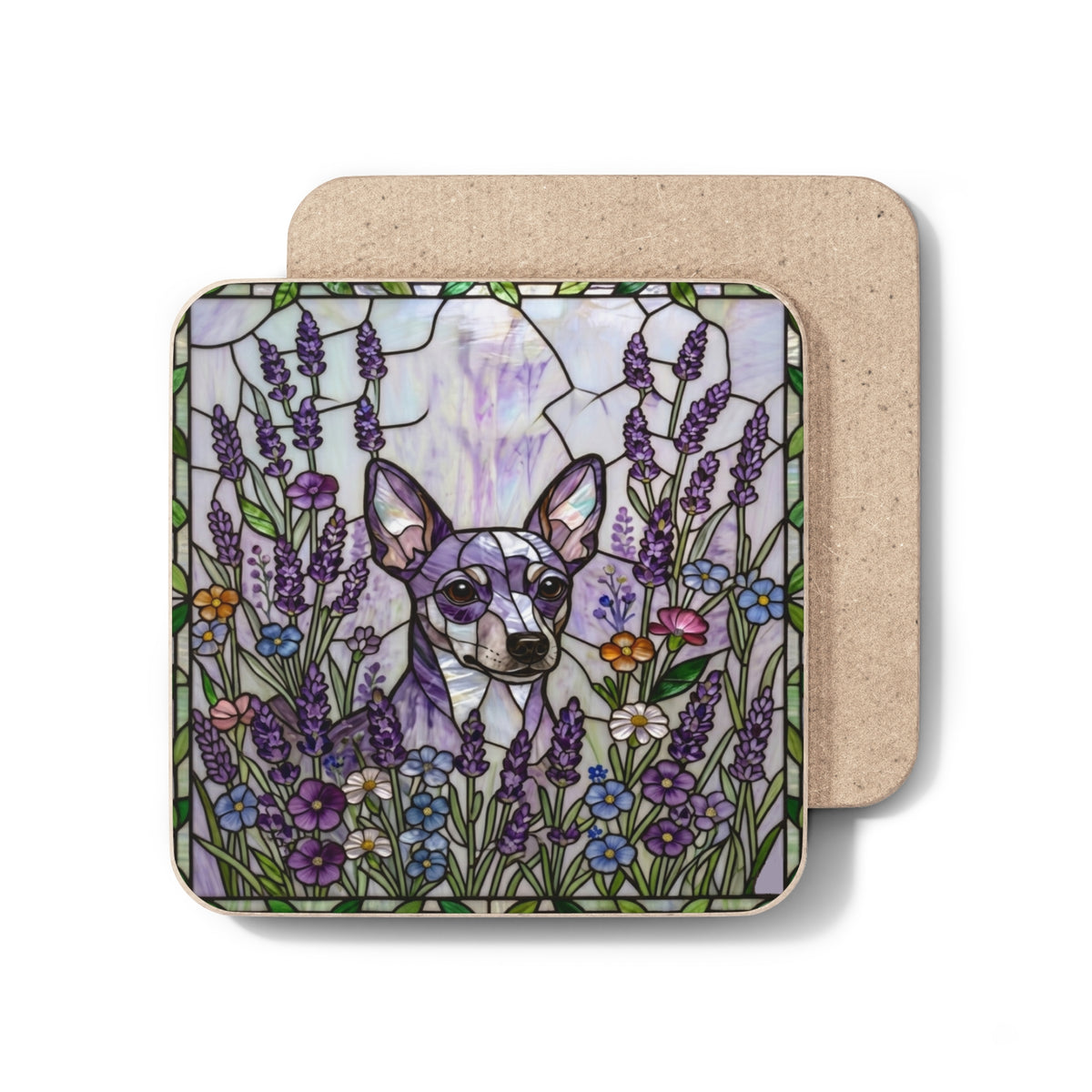 Two square cork coasters stacked, with the top coaster showing a stained-glass-style illustration of a Chihuahua surrounded by purple lavender, blue flowers, and green leaves on a white background.