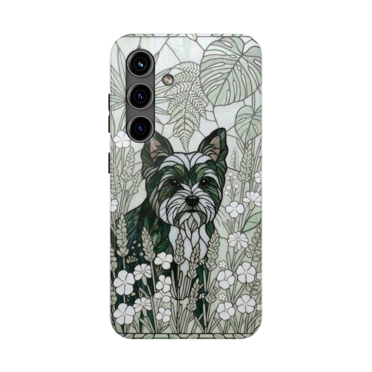 Yorkie Stained Glass Style Tough Case — Botanical Green Theme