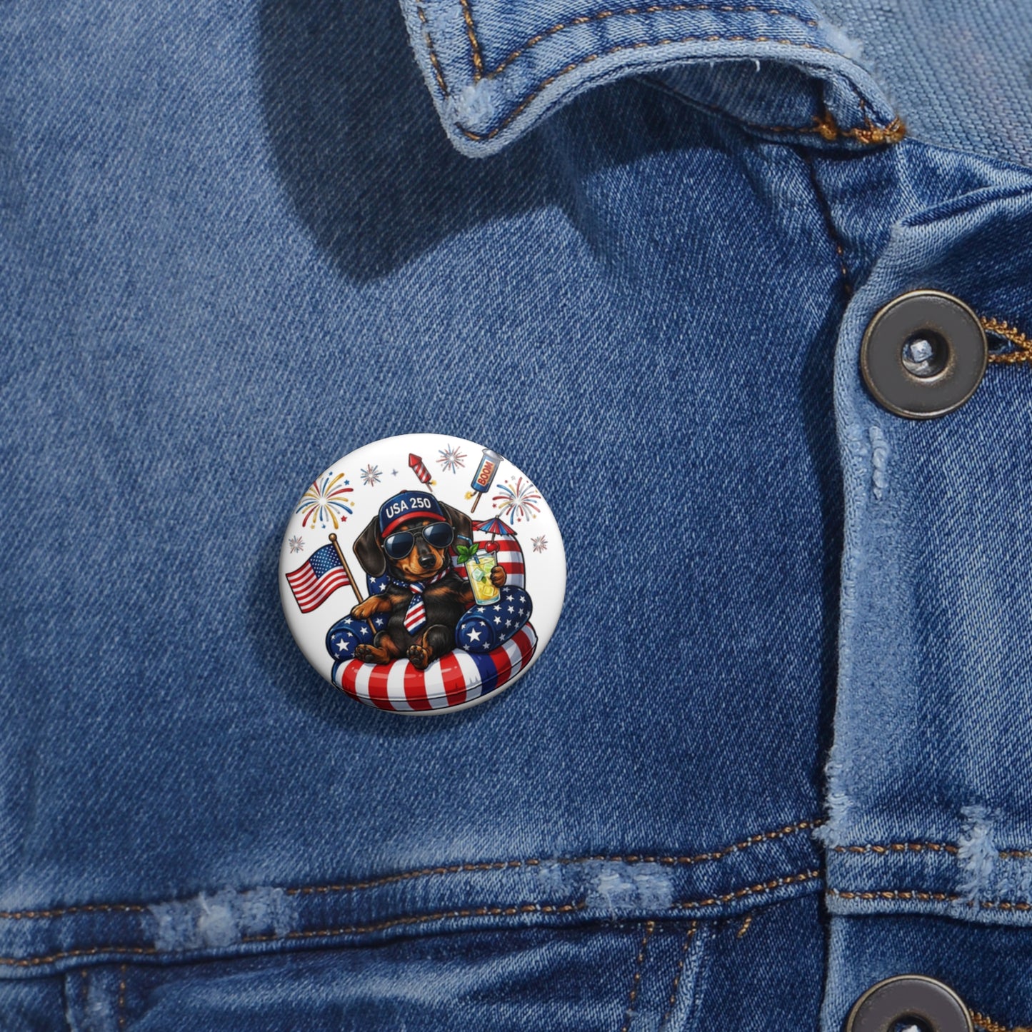 Button with a dog and American flag design on a blue denim jacket