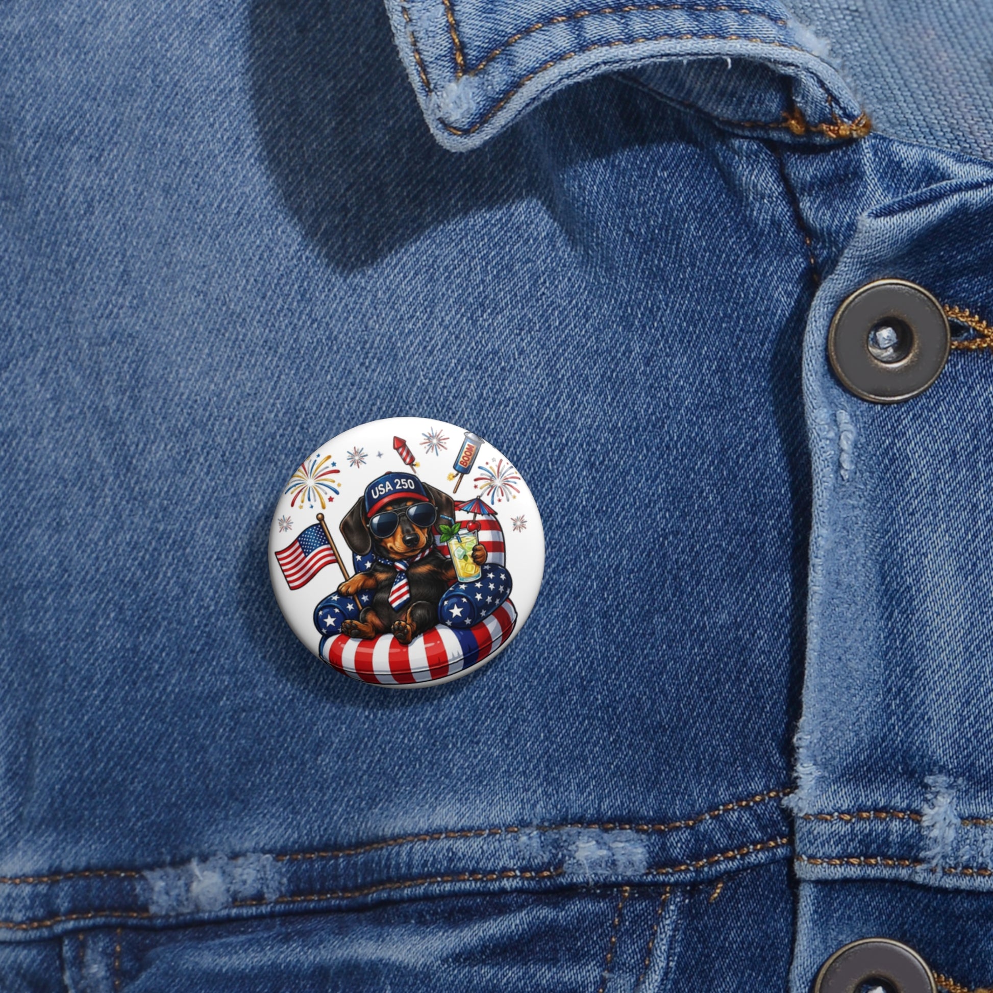 Button with a dog and American flag design on a blue denim jacket