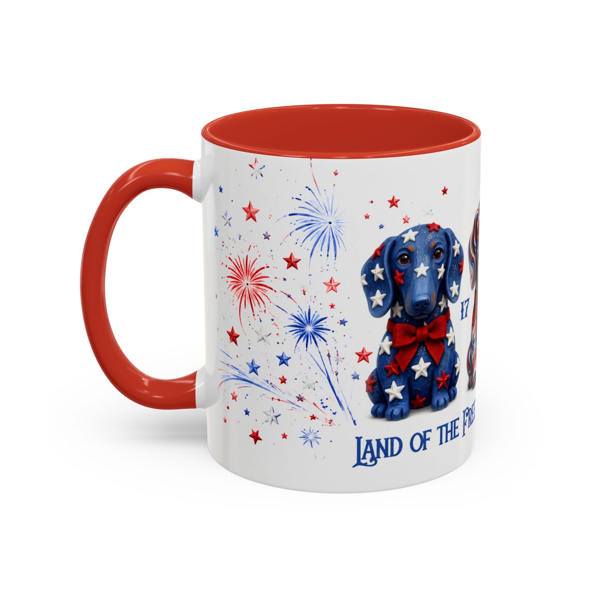 Mug with a dog illustration and fireworks design on a white background