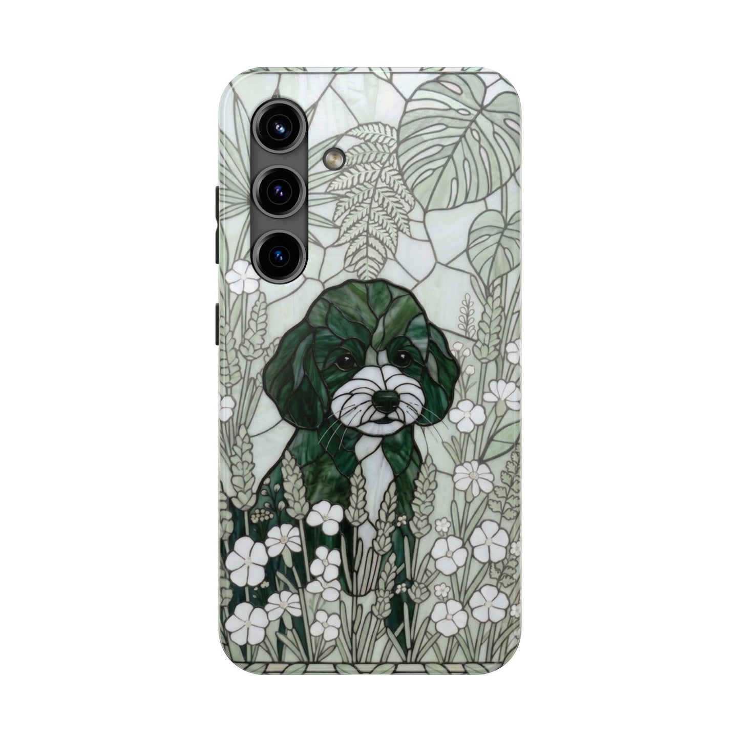 Toy Poodle Stained Glass Style Tough Case — Botanical Green Theme