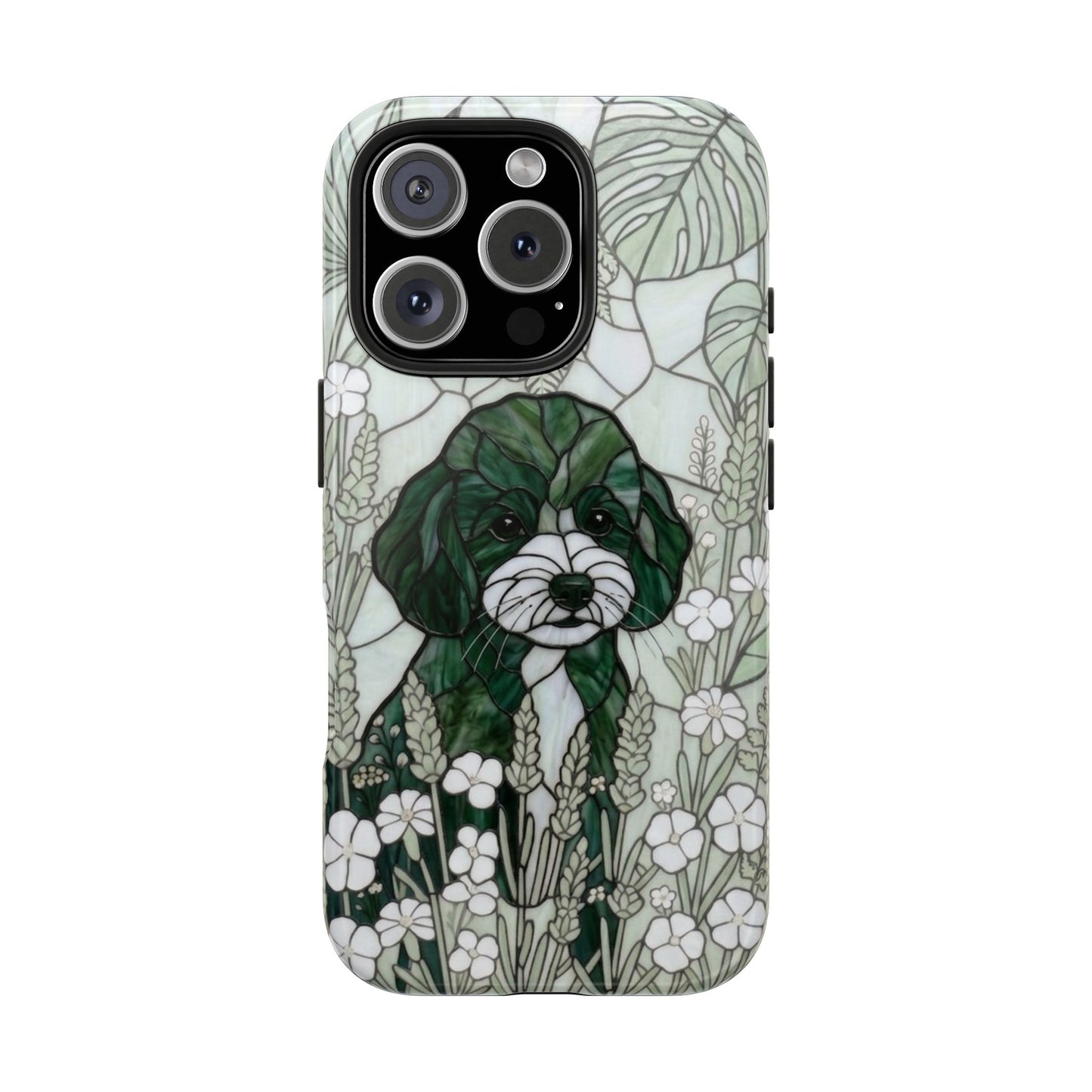 Toy Poodle Stained Glass Style Tough Case — Botanical Green Theme