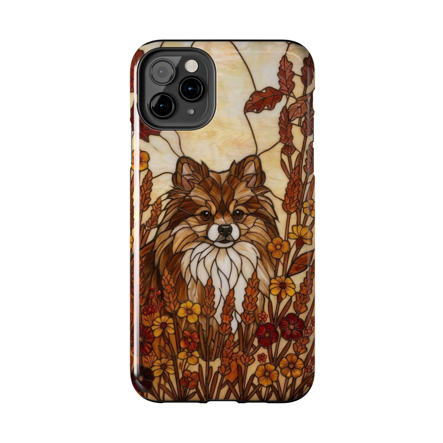 Phone case with a dog illustration in a floral setting on a white background