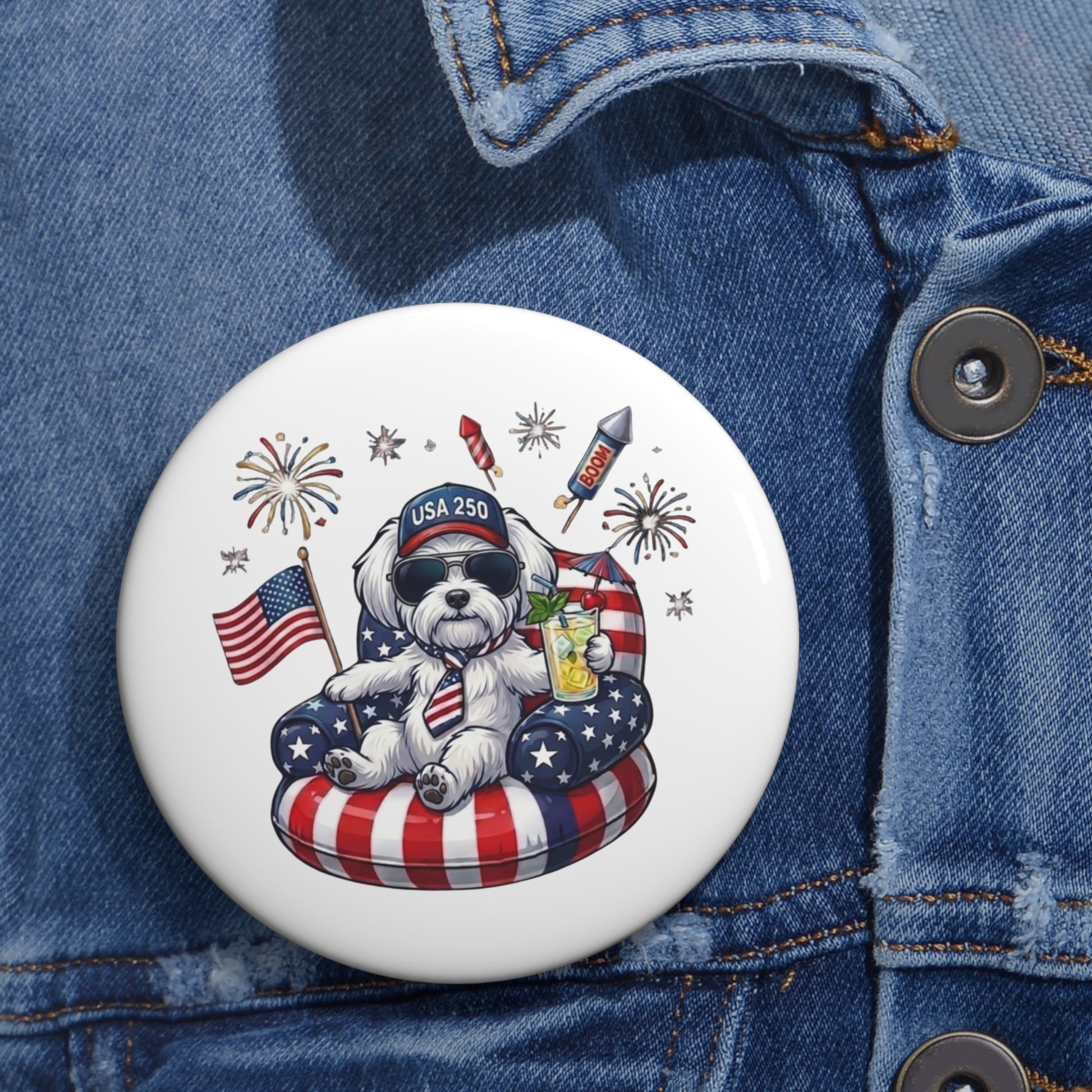 Button with a dog design featuring American flags and fireworks on a denim jacket.