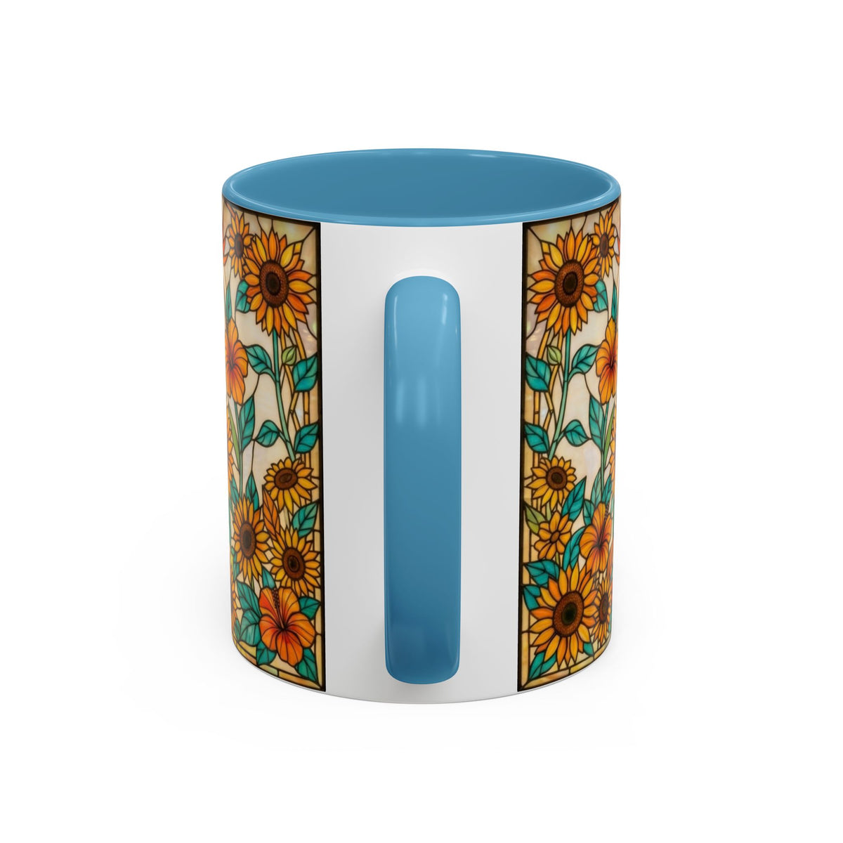 A ceramic mug featuring a vibrant sunflower pattern on the sides and a solid blue handle and interior, set against a plain white background.