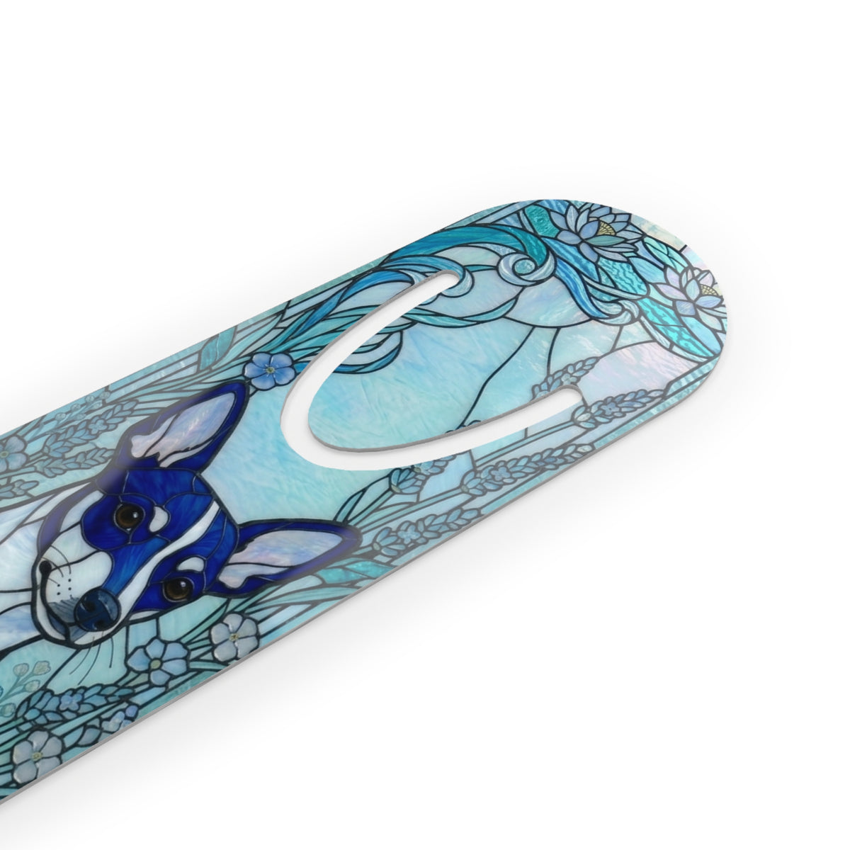 A close-up of a decorative product with a stained-glass-style illustration of a blue and white dog surrounded by floral and leaf motifs in light blue, teal, and white, shown on a plain white background.