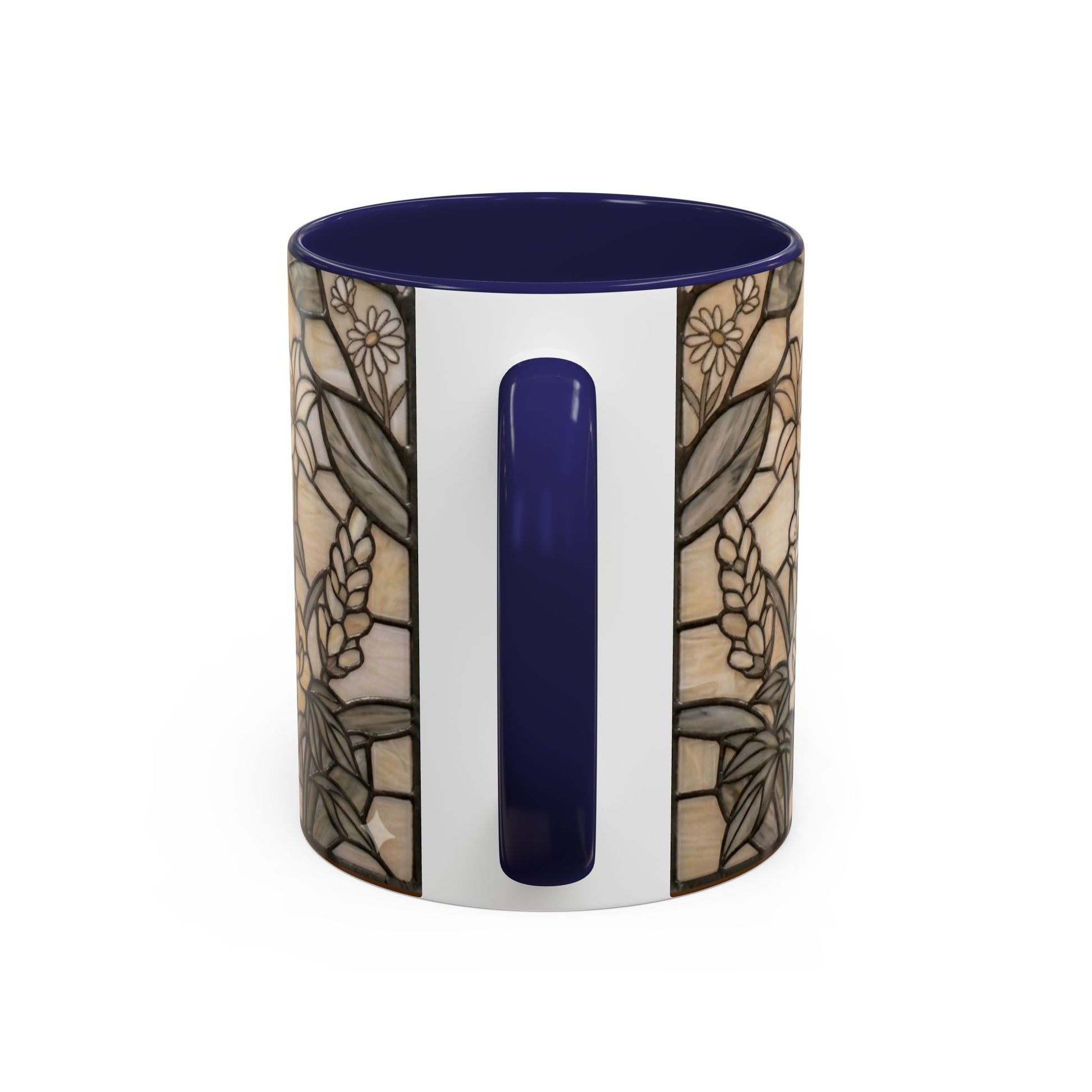 Decorative candle holder with floral patterns and a blue accent on a white background