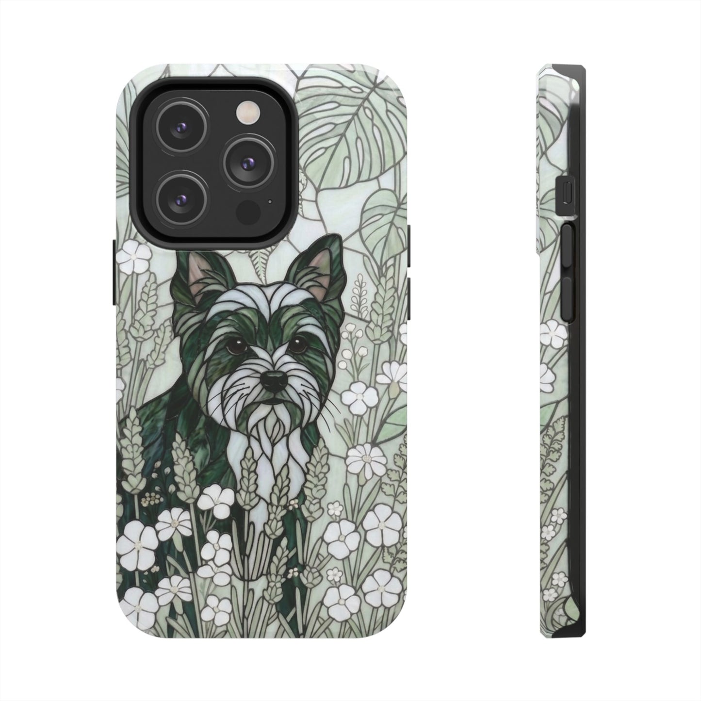 Yorkie Stained Glass Style Tough Case — Botanical Green Theme