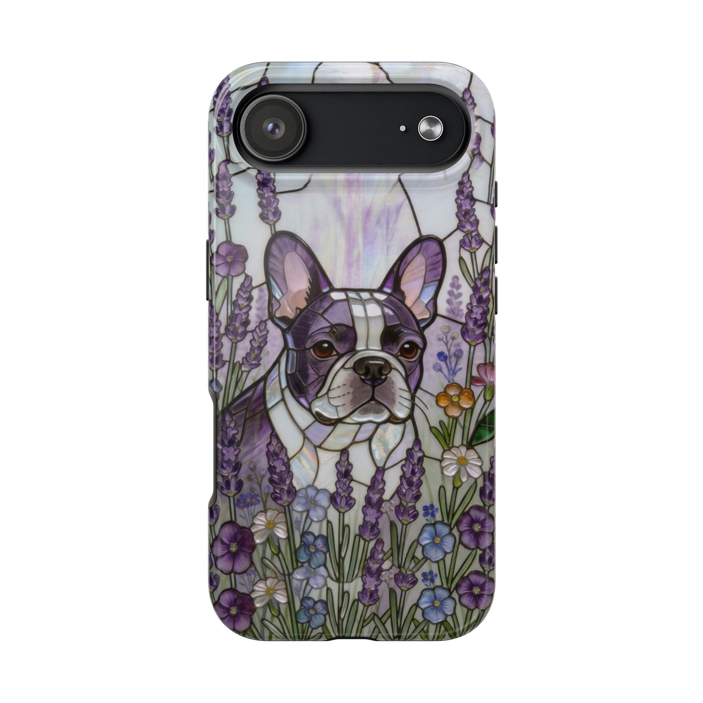 Frenchie Stained Glass Style Tough Case —Lavender Floral Theme