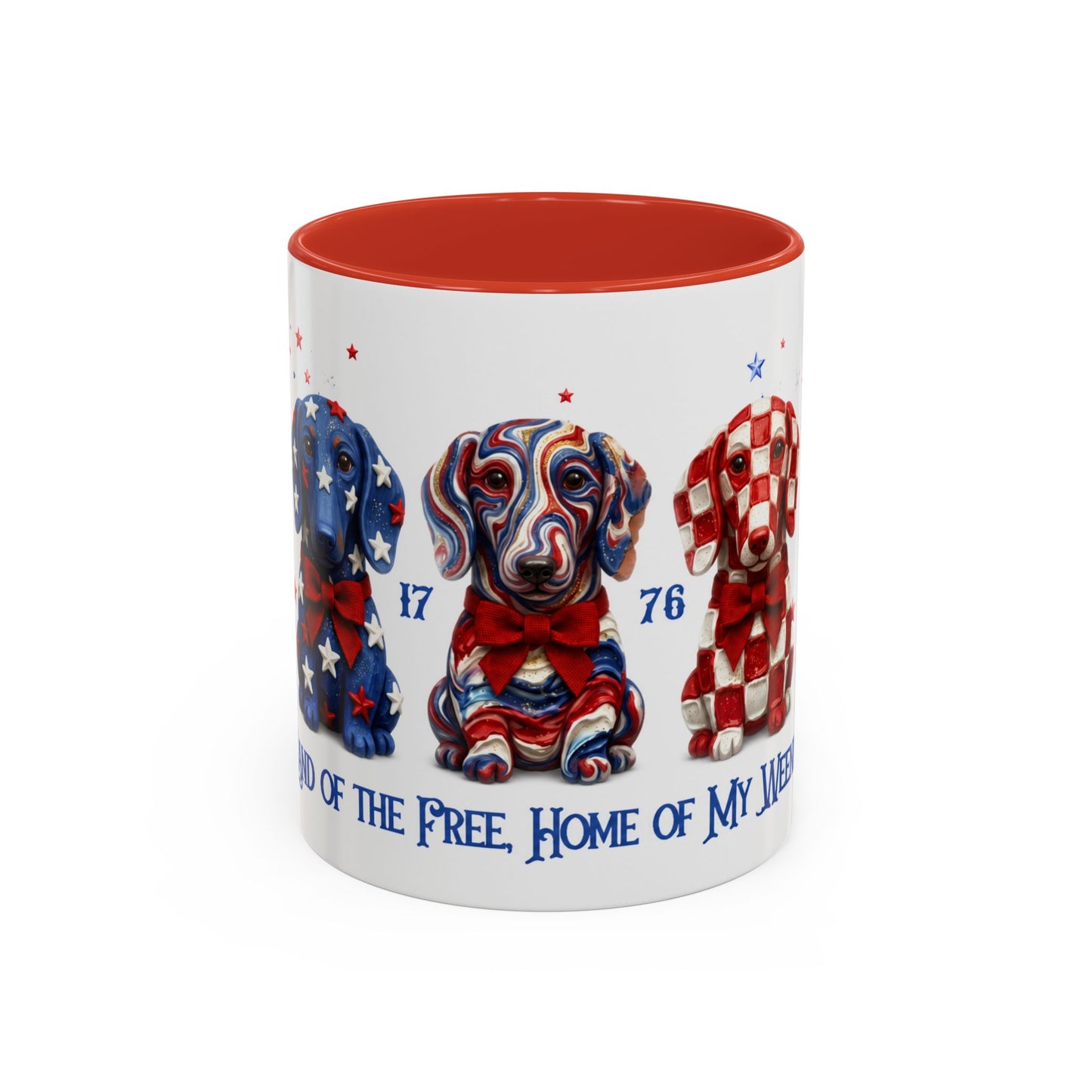 Mug with patriotic design of dogs and text on a white background