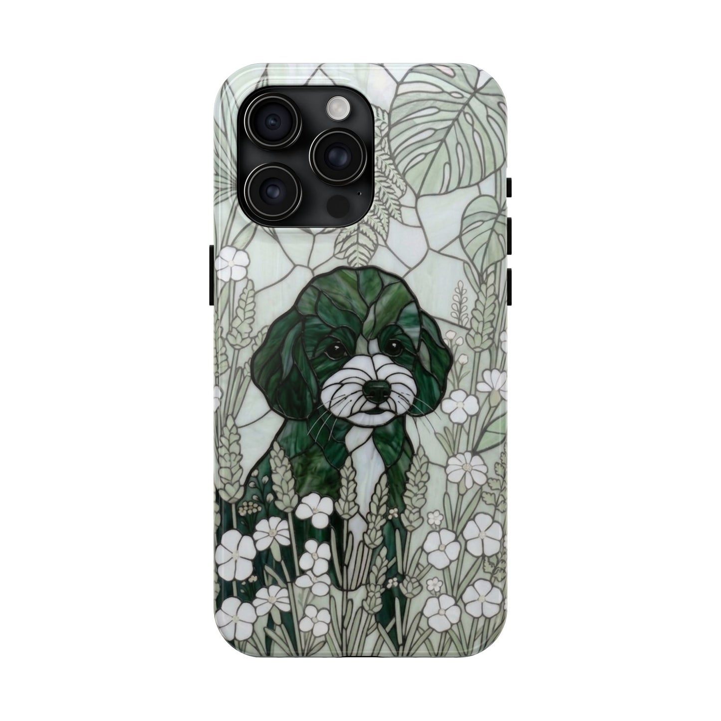 Toy Poodle Stained Glass Style Tough Case — Botanical Green Theme