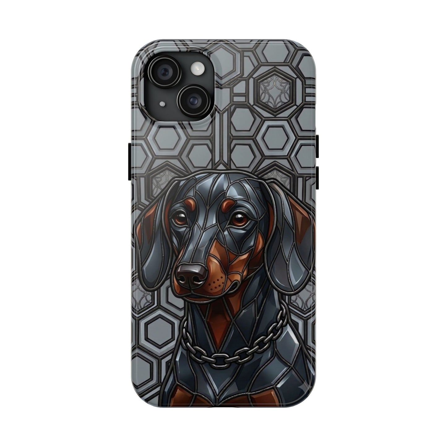 Phone case with a dachshund design on a geometric patterned background