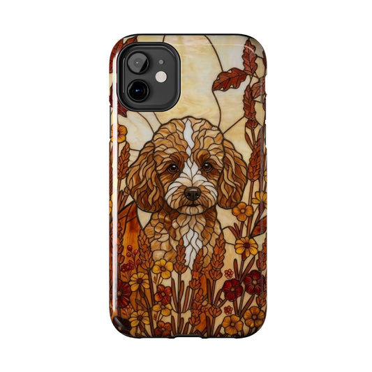 Phone case with a stylized dog illustration in floral patterns on a white background