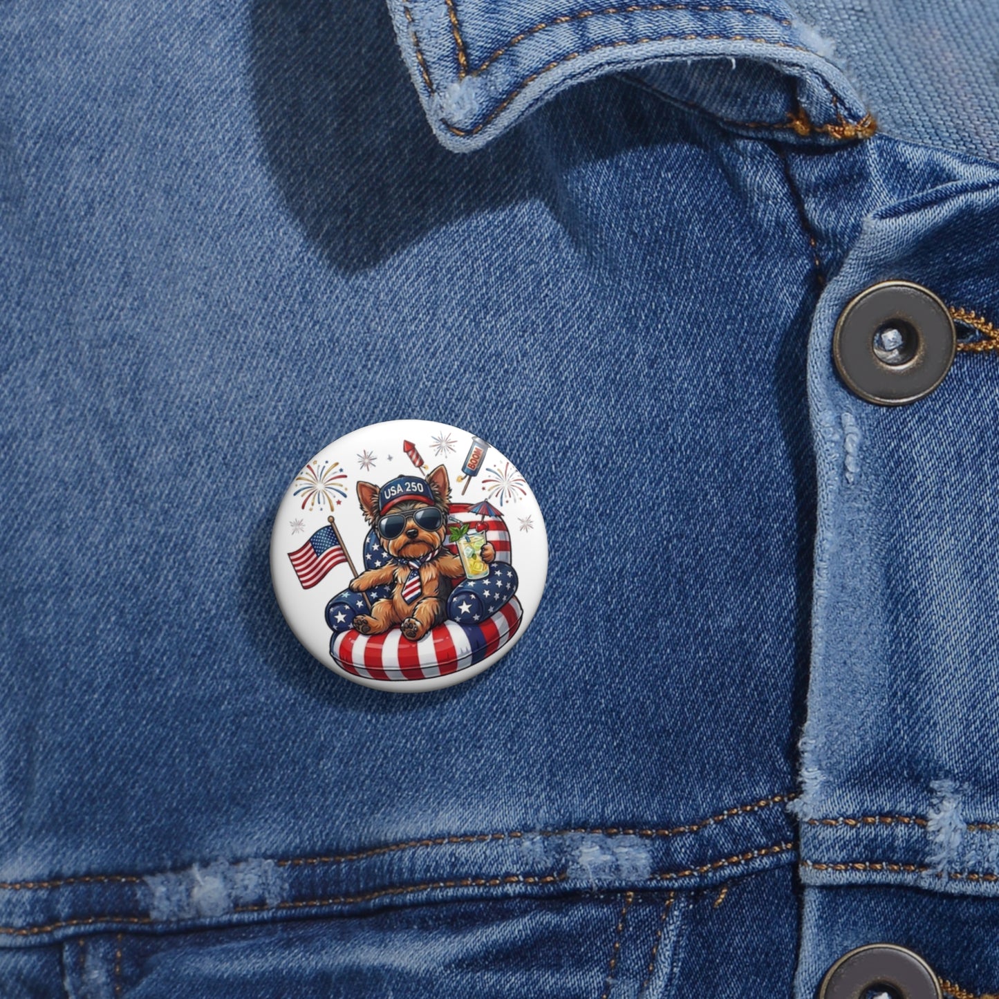 Button with bear design on a denim jacket