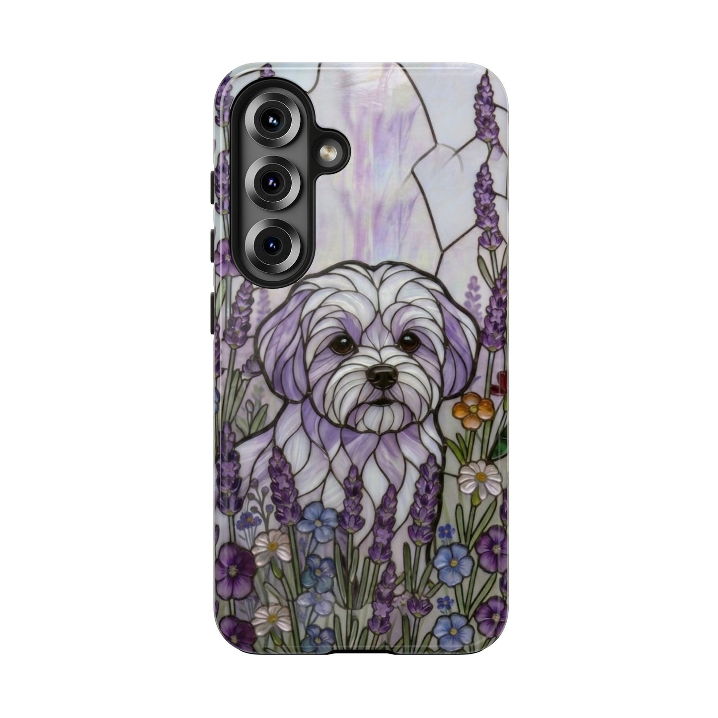 Maltese Stained Glass Style Tough Case — Lavender Floral Theme