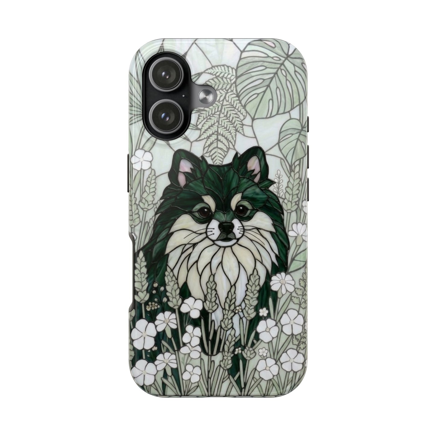 Pomeranian Stained Glass Style Tough Case — Botanical Green Theme