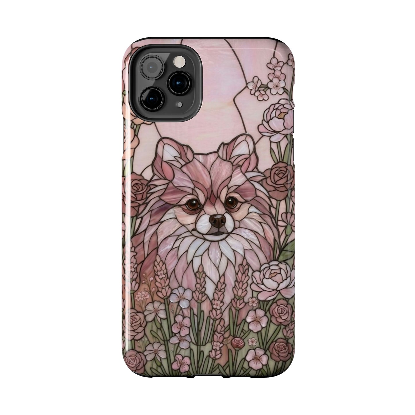 Phone case with a dog and floral design on a white background