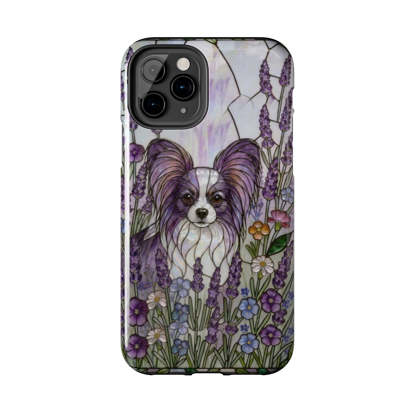 Phone case with a dog and floral design on a white background