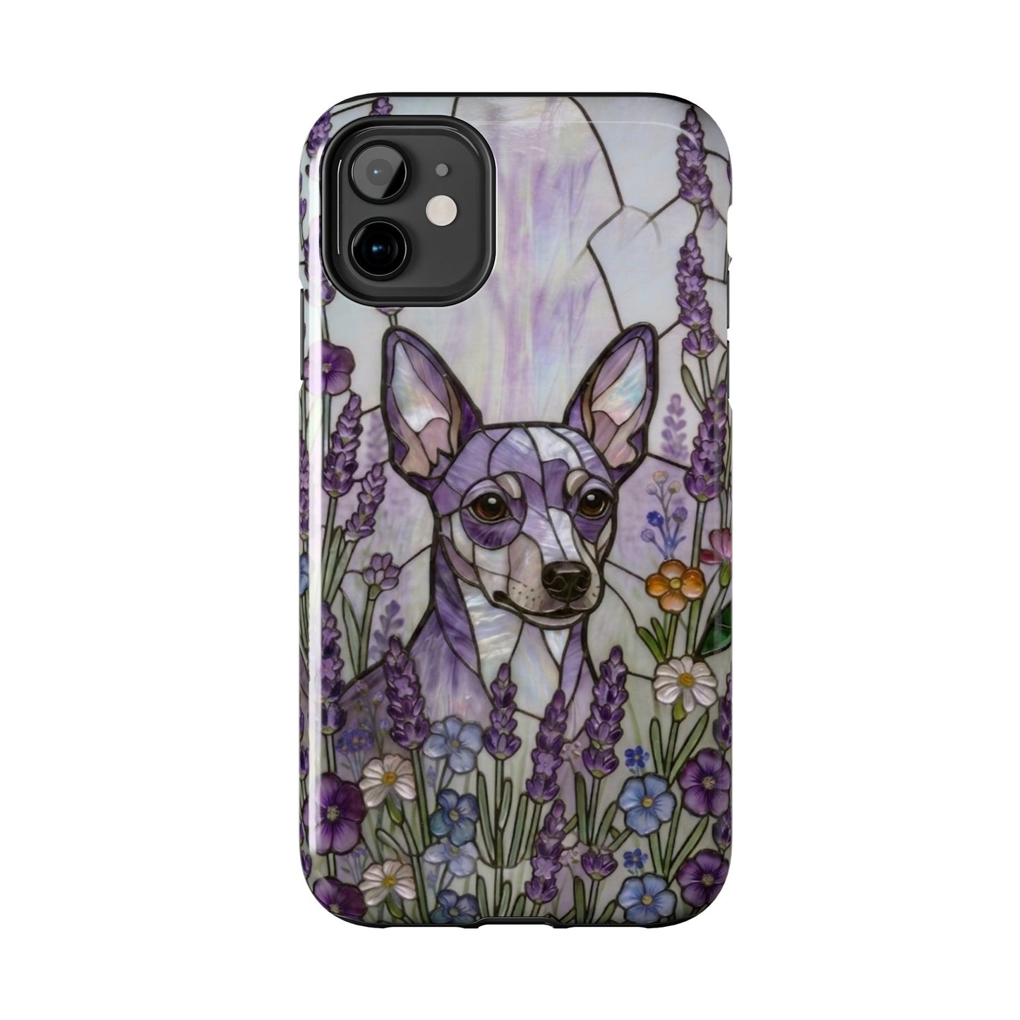 Phone case with a stylized dog illustration in a field of flowers on a white background