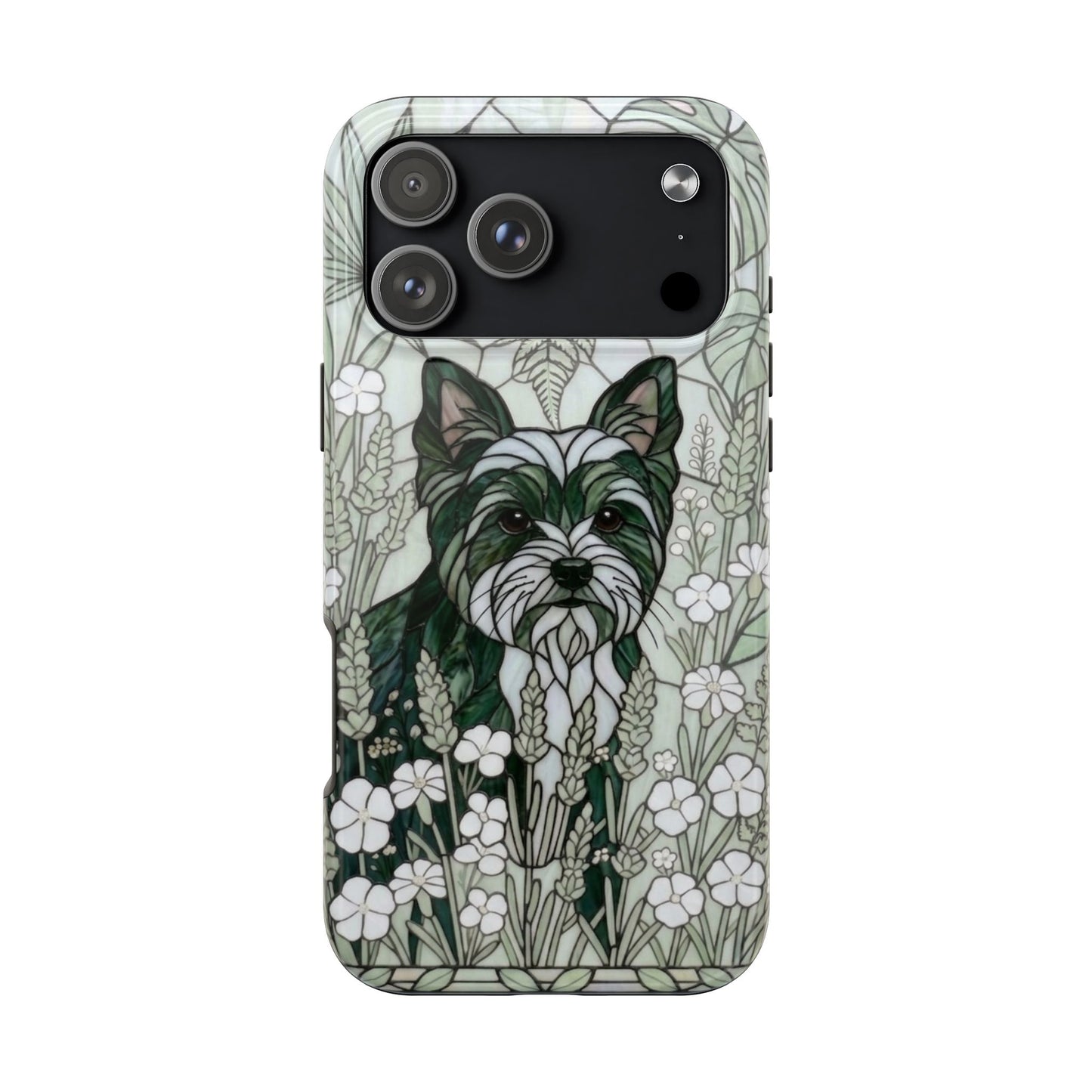 Yorkie Stained Glass Style Tough Case — Botanical Green Theme