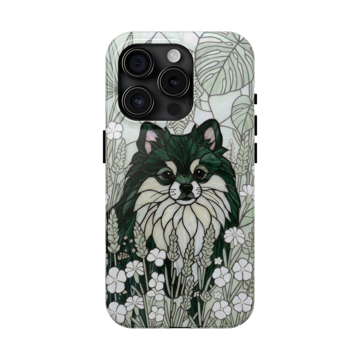 Pomeranian Stained Glass Style Tough Case — Botanical Green Theme