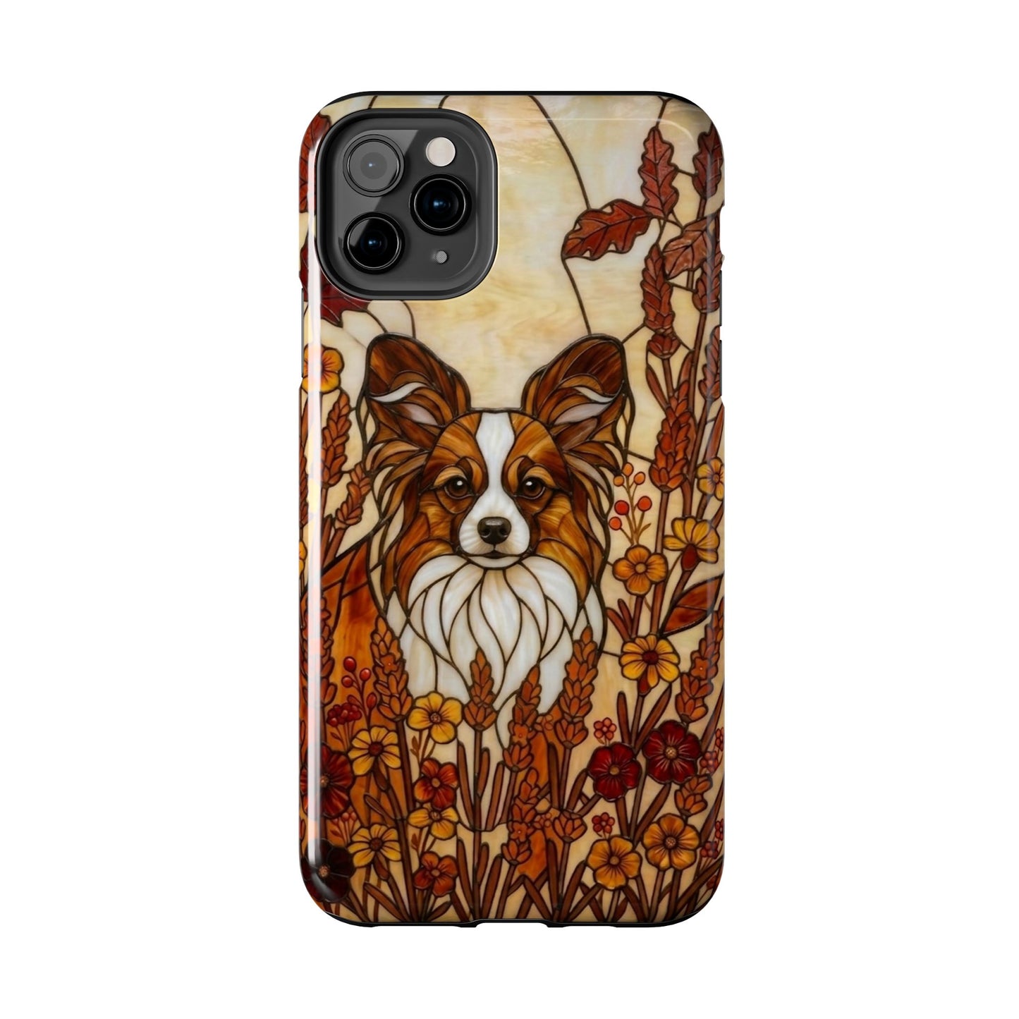 Phone case with a dog illustration in a floral pattern on a white background