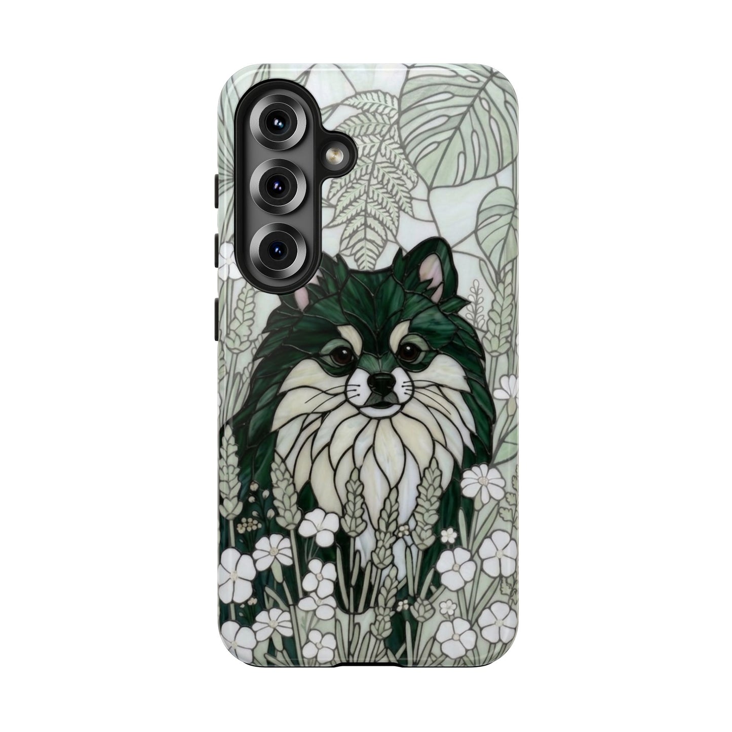 Pomeranian Stained Glass Style Tough Case — Botanical Green Theme