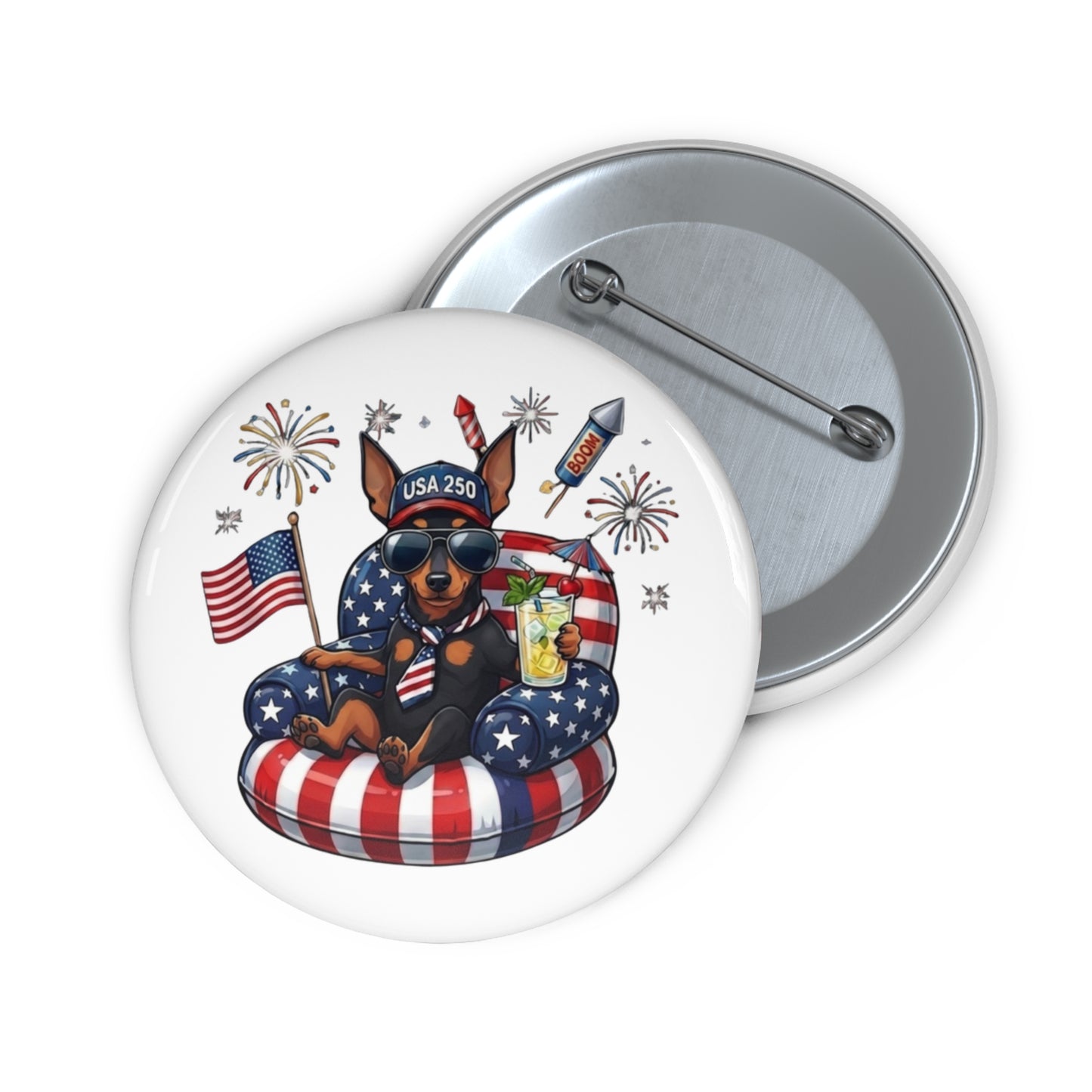 Patriotic Mini Pinscher Pin Button — American Flag Mini Pinscher Lapel Badge
